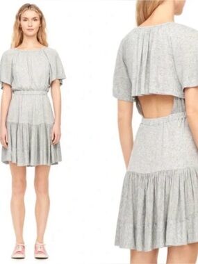 REBECCA TAYLOR Gathered Jersey Dress Gray Back Cut Out Tiered Size Small
